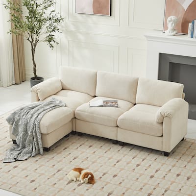 Corduroy Sectional Sofa with a Removable Ottoman, L-shaped Reversible 4-seat Modular Couch