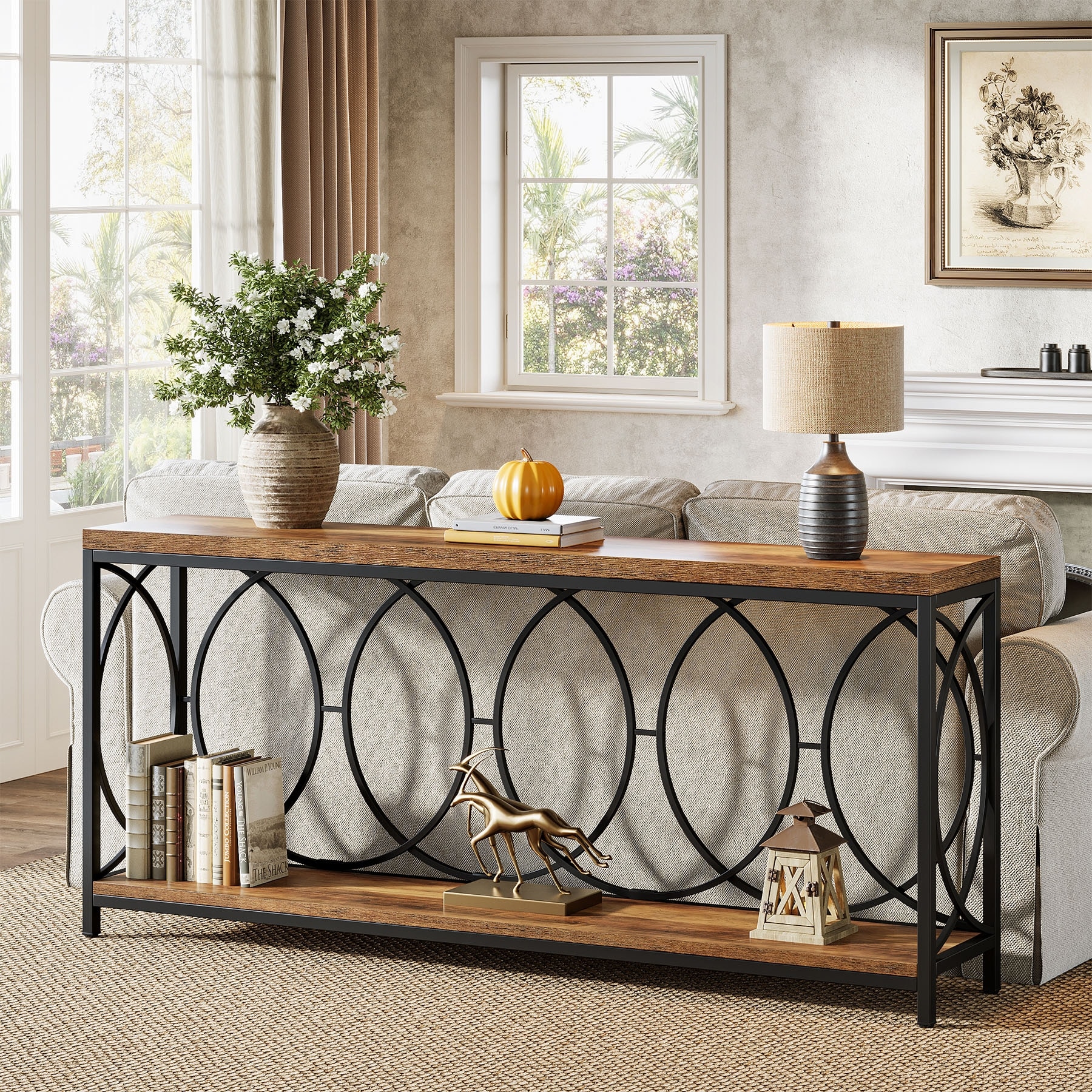 70.9-Inch Extra Long Industrial Sofa Table, 2-Tier Console Table