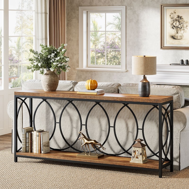 Industrial 71" Sofa Table with Metal Frame Console Table for Entryway - Brown+Black