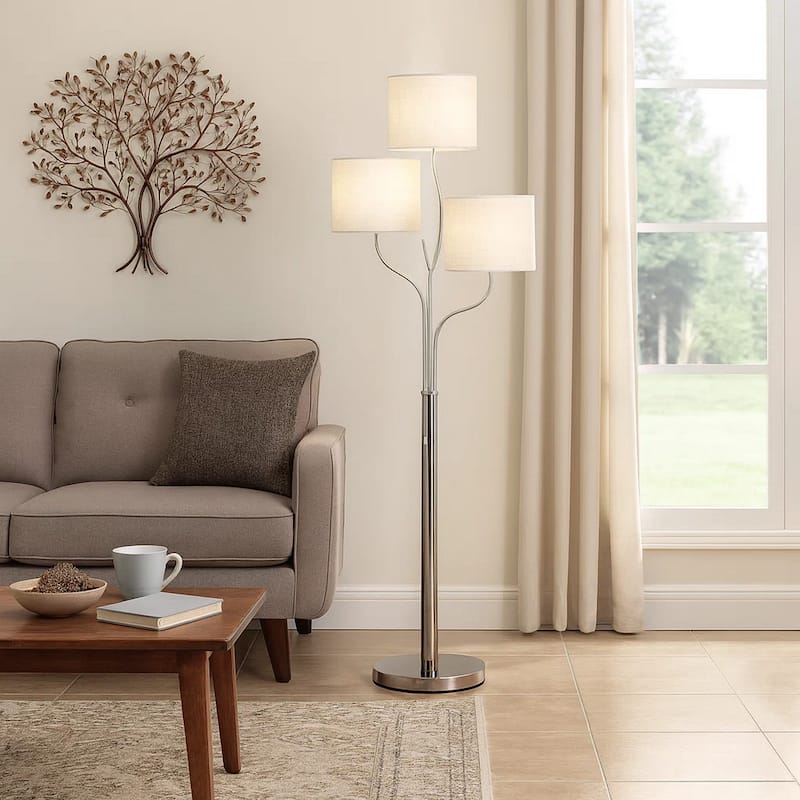 Indi 60 Inch Floor Lamp, 3 Drum Fabric Shade, Round Metal Base, Silver