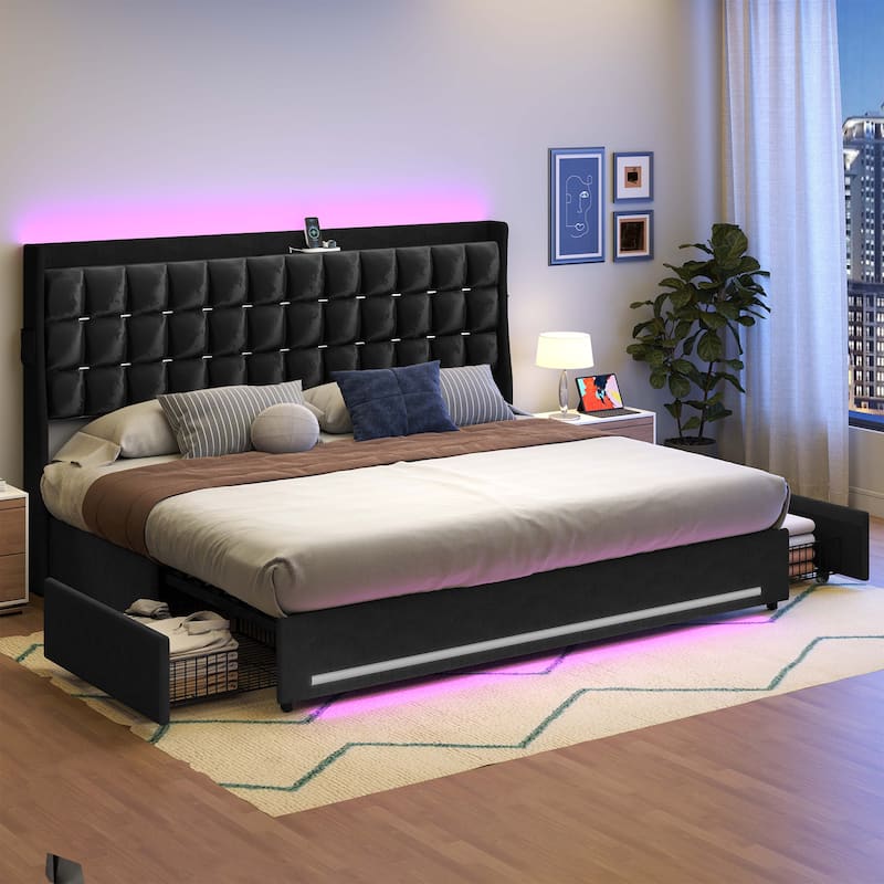 Moasis King Size Velvet Platform Bed with 4 Drawers RGB Lights and Charging Station No Box Spring Needed