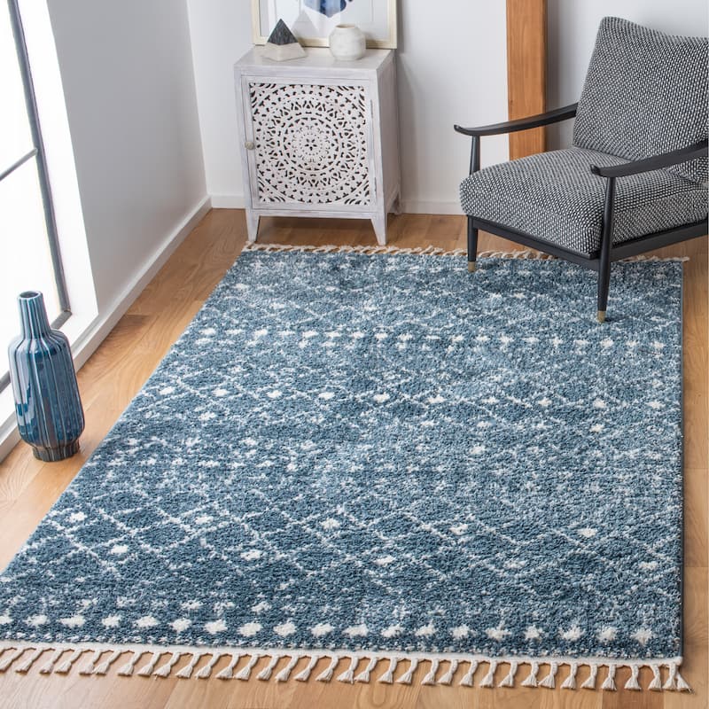 SAFAVIEH Berber Fringe Mirveta Liller Trellis Area Rug - 5'3" x 7'7" - Blue/Ivory