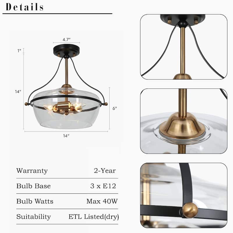 Zelena Modern Farmhouse 3-Light Black Gold Glass Bowl Semi-flush Mount Ceiling Lights