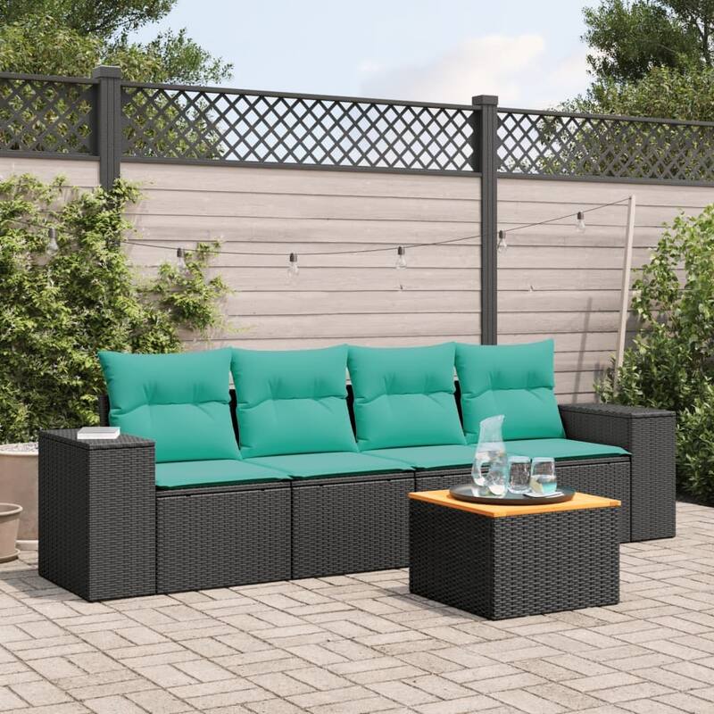 vidaXL Patio Sofa Set with Cushions Outdoor Furniture 5 Piece Poly Rattan - 21.7x 24.4x 27.2 - Black and Blue