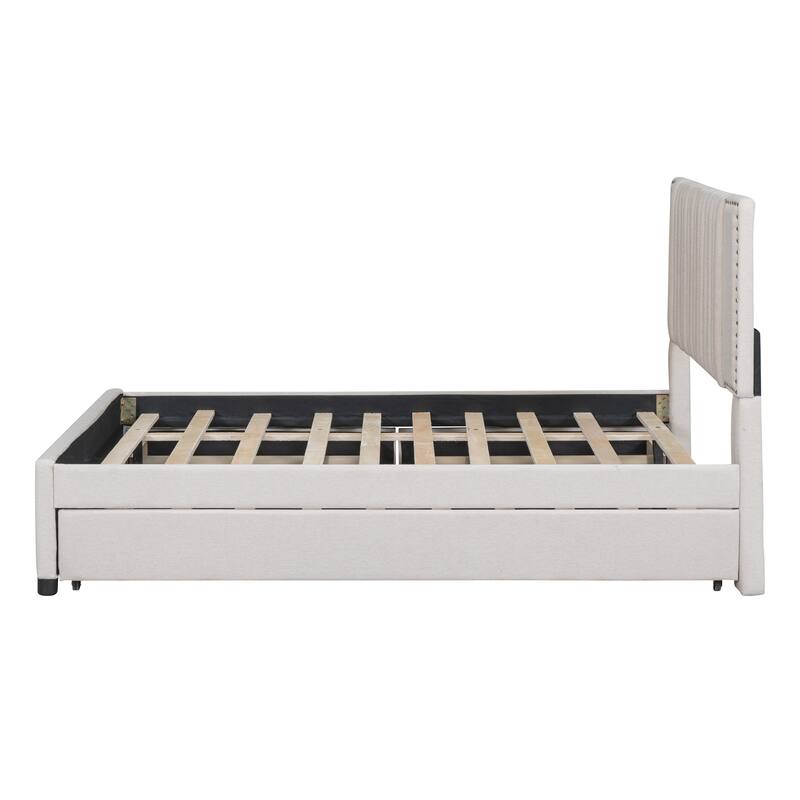 Roomfitters Full Size Upholstered Platform Bed with Twin Trundle, Storage Base, Modern Vertical Channel Headboard, Beige