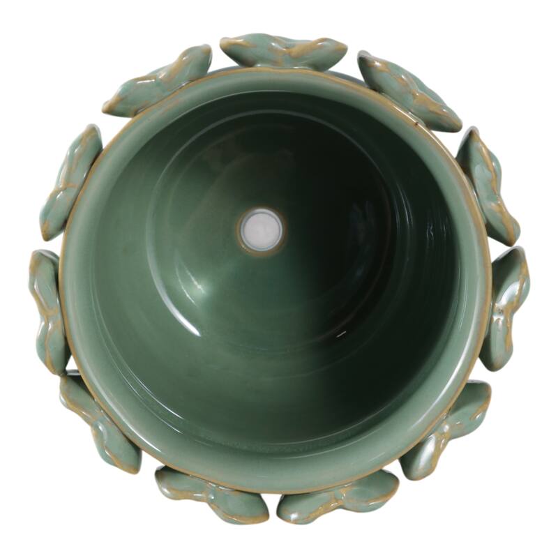 Stoneware Ceramic Planter Handcrafted Sculpted Leaf Embellishments