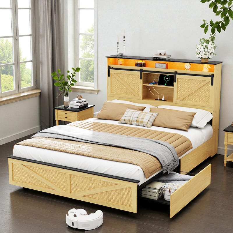 Farmhouse Full/Queen Bed Frame with Storage Headboard, Drawers, Charging Station and RGB LED Lights, MDF and Steel Platform Bed