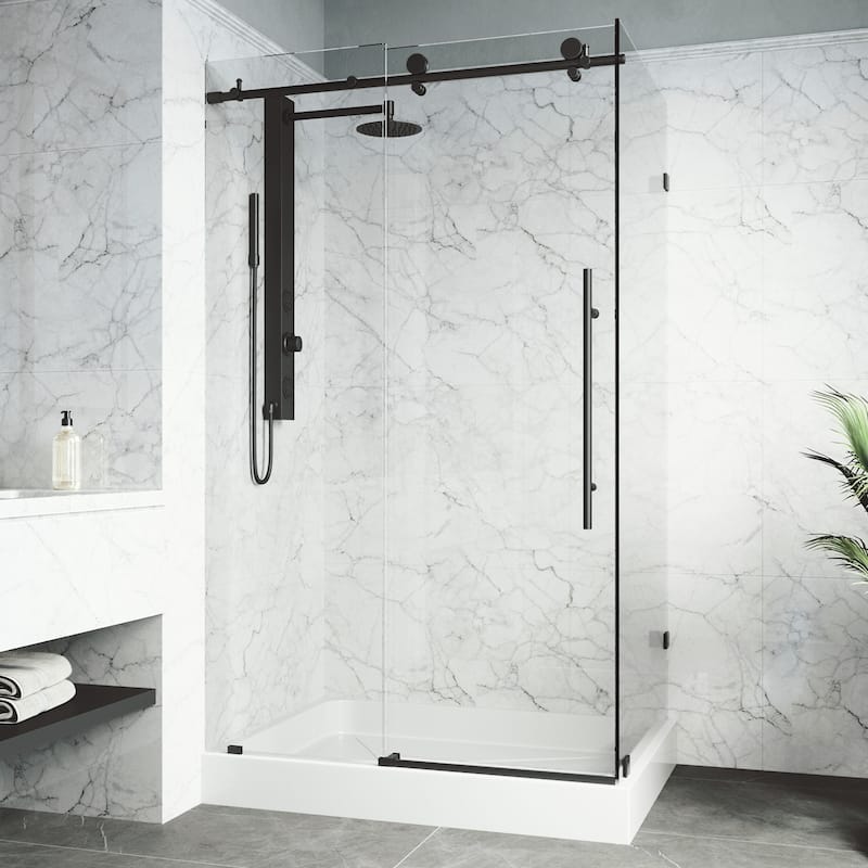VIGO Elan E-Class Frameless Sliding Shower Enclosure - 36"D x 48"W x 82"H with Left Base - Matte Black