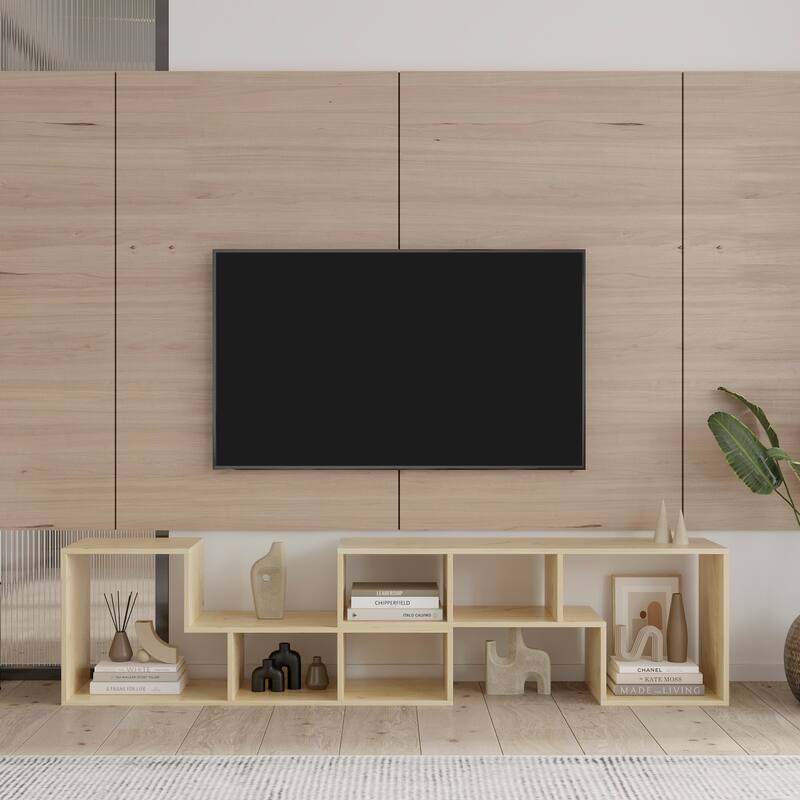 Double L-Shaped TV Stand Entertainment Center,Display Shelf - Oak