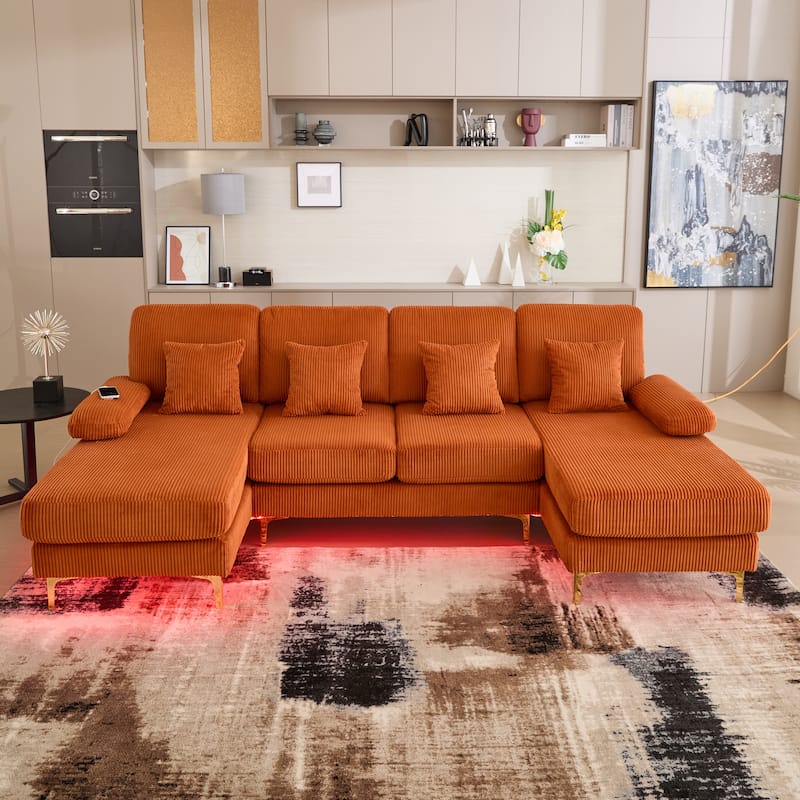 HOMEFUN Corduroy Upholstered U-shaped Adjustable Light Modular Sectional Sofa With Type-C and USB ports - Orange