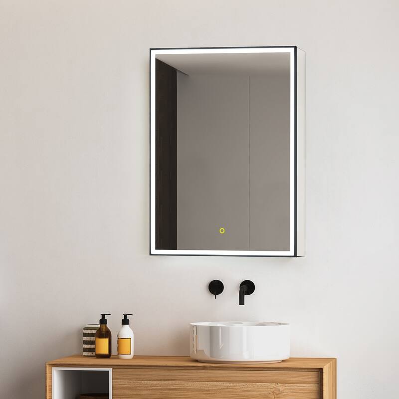 Fenice Rectangular Surface-Mount/Reccessed LED Lighted Bathroom Black Aluminum Mirror Medicine Cabinet