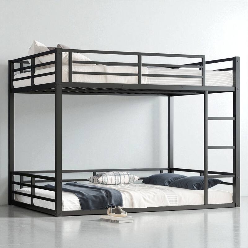 Metal Bunk Bed Twin XL/Full XL/Queen Over Queen, Heavy-Duty Low Bunk Frame with Guardrails and Quiet Design - Black - Queen