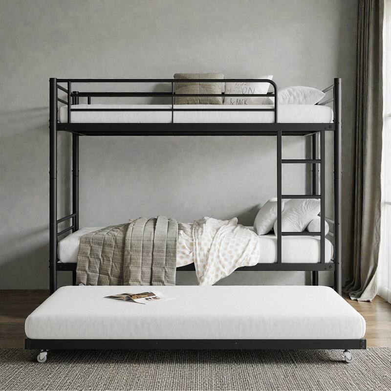Twin Over Twin Metal Bunk Bed with Trundle, Heavy Duty Frame, Full-Length Guardrail, Ladder, No Box Spring Needed