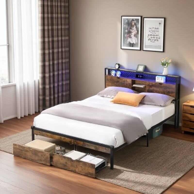 King Size Metal Platform Bed with Wooden Headboard, USB Charging Station, LED Lights, 2 Storage Drawers, No Box Spring Needed - King Black Brown - King