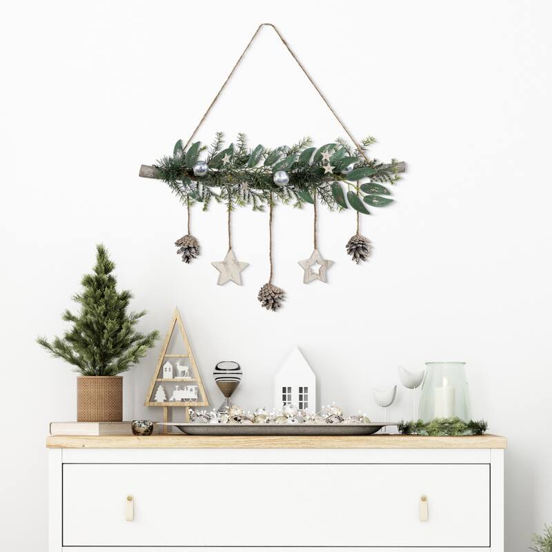Glittered Holly Branch with Stars and Pinecones Christmas Wall Decoration - 20.75" - Silver