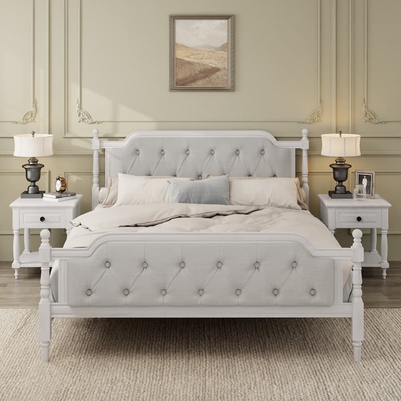 Queen Size Solid Wood Bed Frame with Tufted Upholstered Headboard, No Box Spring Needed, Antique White