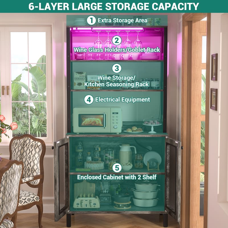 66.9'' Tall Modern Wine Cabinet Bar Cabinet with Wine Glasses Rack and LED Strip and Power Outlets