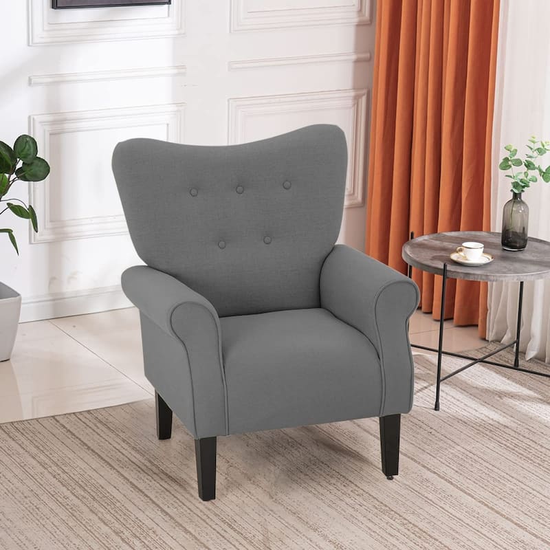 Erommy Modern Accent Chair, High Back Armchair, Upholstered Fabric Button Single Sofa with Wooden Legs for Living Room - Grey - Solid
