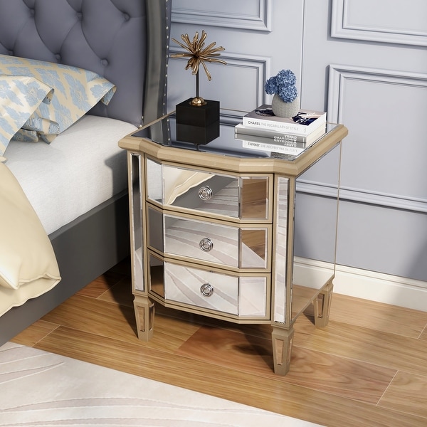 Shyfoy Accent Mirror Glass 3 Drawers Vintage Nightstand End Table