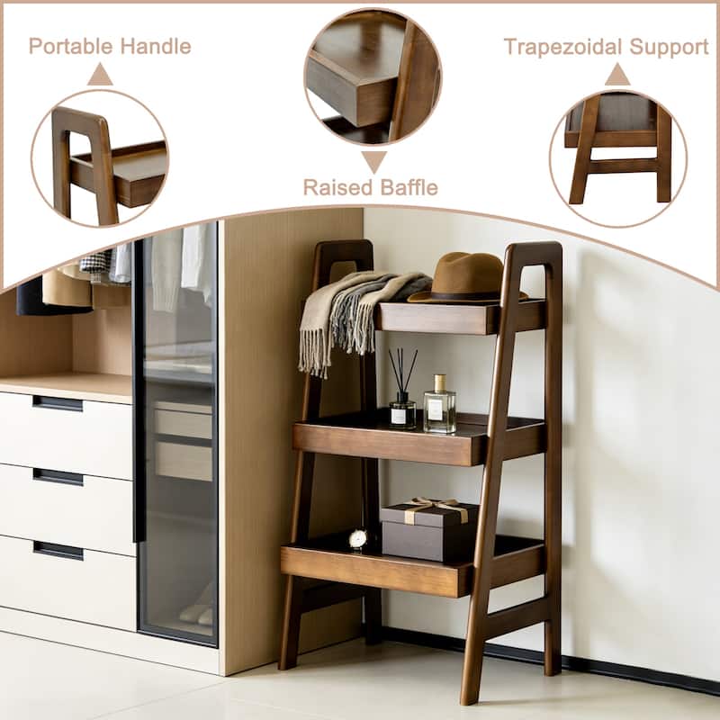 100% Solid Wood Ladder Shelf, 3 Tier Small Ladder Bookshelf, Freestanding Ladder Shelf with Open Storage