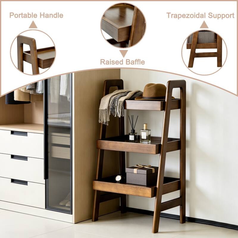 Anmytek Solid Wood 3 Tier Ladder Shelf Walnut Freestanding Open Storage Bookshelf and Display Rack for Home Office Space Saving