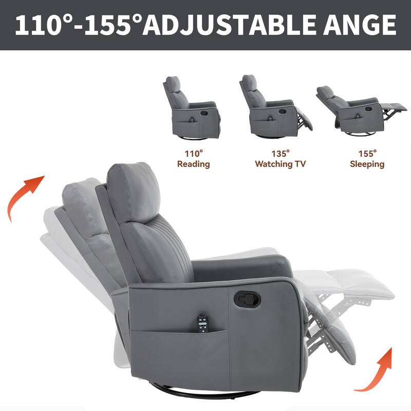Faux Leather Heat Massage Manual Recliner Chair with Rocker and Swivel for Living Room