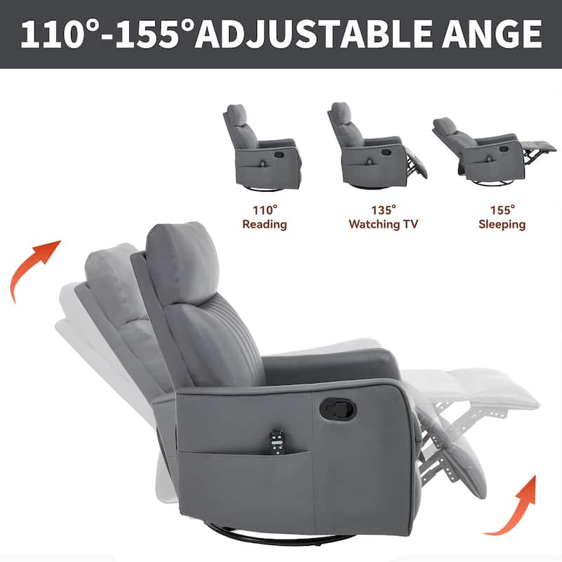 Leather Heat Massage Manual Recliner Chair with Rocker and Swivel in Fabric for Living Room