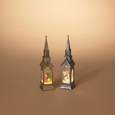 Set of 2 Lighted Holiday Water Globe Church - N/A