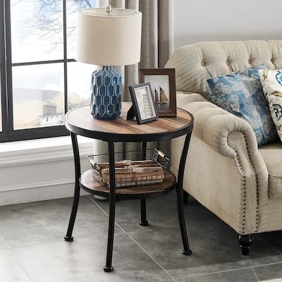 Myhozm Rustic Round End Table with Storage, Industrial Side Table for Living Room