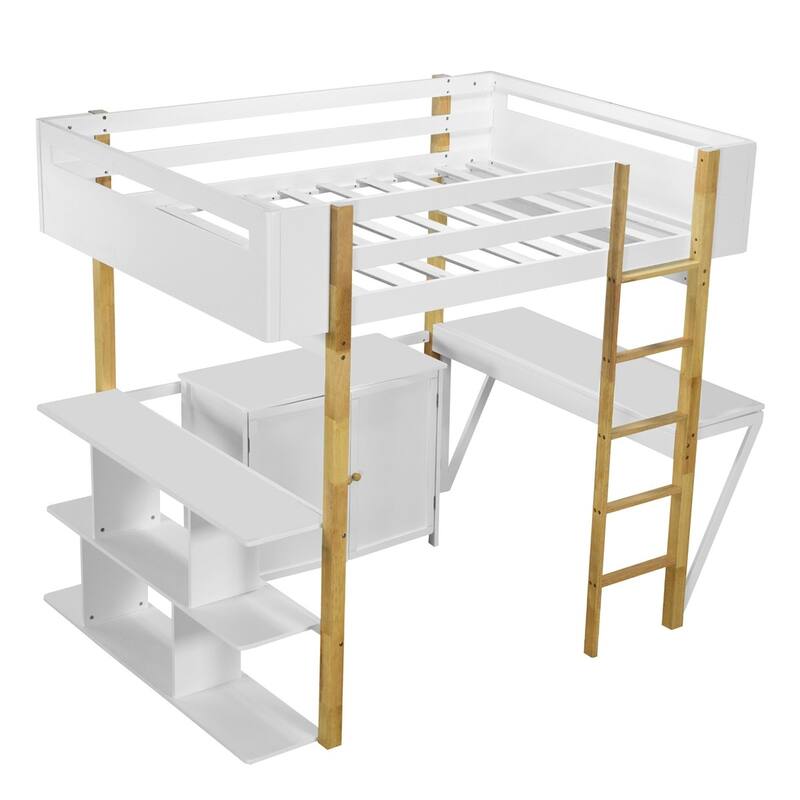 Merax Wood Loft Bed With Built-in Storage Cabinet and Shelves, Foldable desk