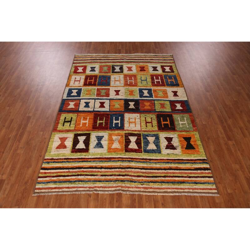 Striped Geometric Moroccan Oriental Area Rug Hand-Knotted Wool Carpet - 6'8" x 9'7"
