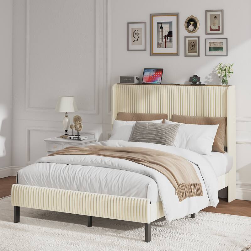 Roomfitters Metal Platform Bed Frame with Charging Station, Heavy Duty Mattress Foundation, No Box Spring Needed, Beige