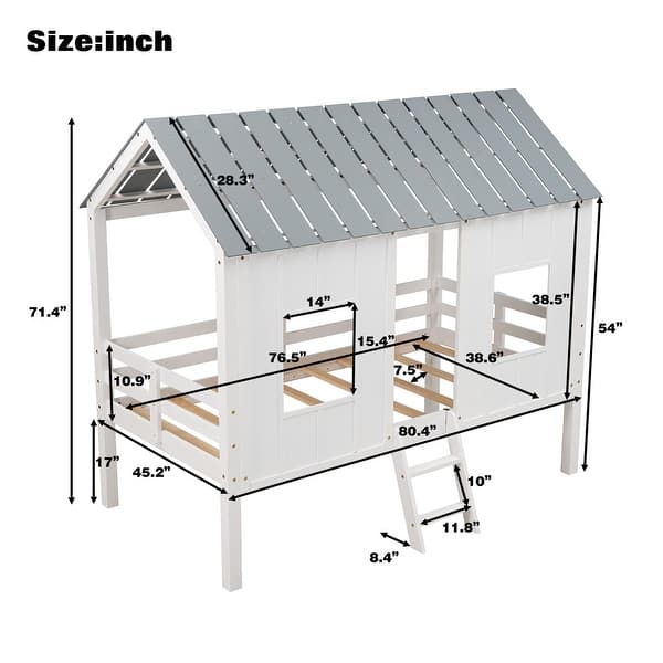Modern Twin Size Low Loft Playhouse Bed With Roof And Two Front Windows for Bedroom