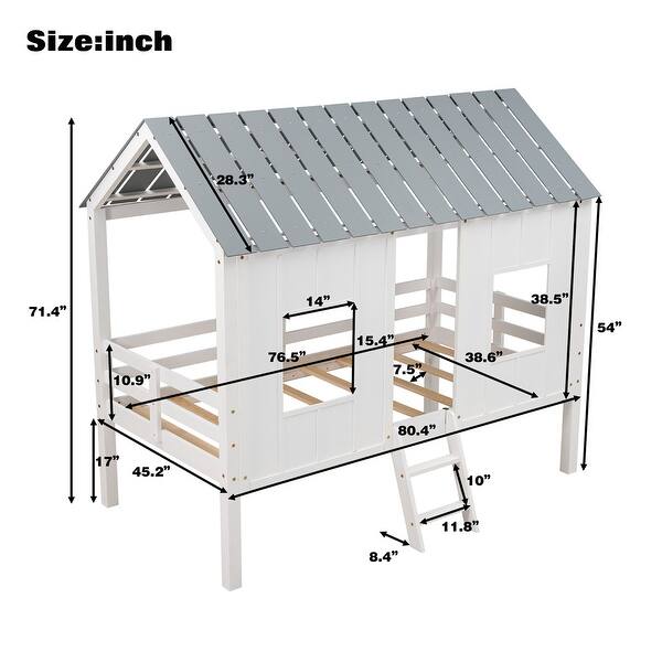 White Twin Low Loft Bed with Roof, Windows, and Guardrails