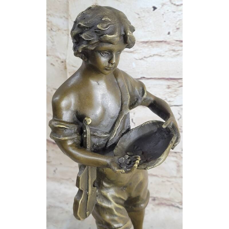 100 Percent Solid Bronze Sculpture Statue Figure Boy And Violin Figurine Figure Decor