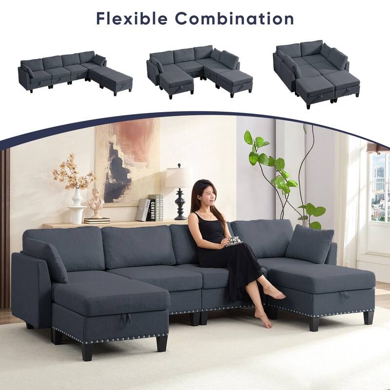 Mixoy Rivet Design Flexible Combination Reversible 4-Seater Modular Sofa with Storage Ottomans,Linen Convertible Sleeper Sofa