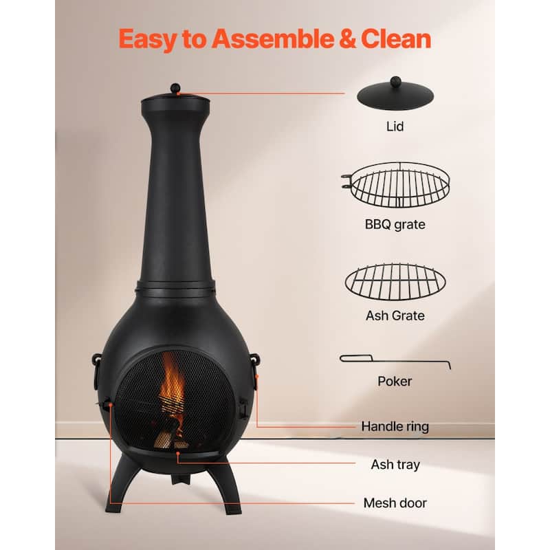 Black Aluminum Spherical Chiminea with BBQ Grill and Rainproof Cover
