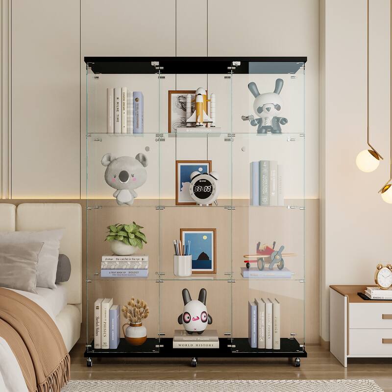 12 Shelves Glass Display Cabinet with 3 Columns and Lock, Curio Cabinets Tempered Glass Floor Standing Bookshelf for Living Room