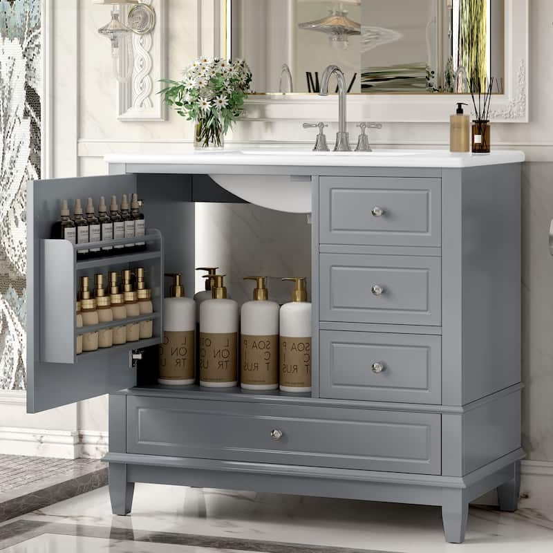 36 inch Bathroom Vanity Ceramic Sink MDF Solid Wood Base 3 Drawers Cabinet Gray 4 Inch Faucet Holes