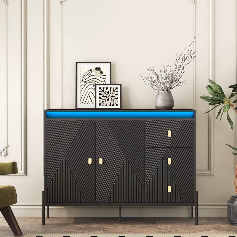 Fluted Sideboard Cabinet with LED Lights, 2 Doors & 3 Drawers, Black Buffet/Sideboard - 3 Doors + 3 Drawers
