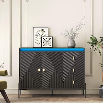 Fluted Sideboard Cabinet with LED Lights, 2 Doors & 3 Drawers, Black Buffet/Sideboard - 3 Doors + 3 Drawers