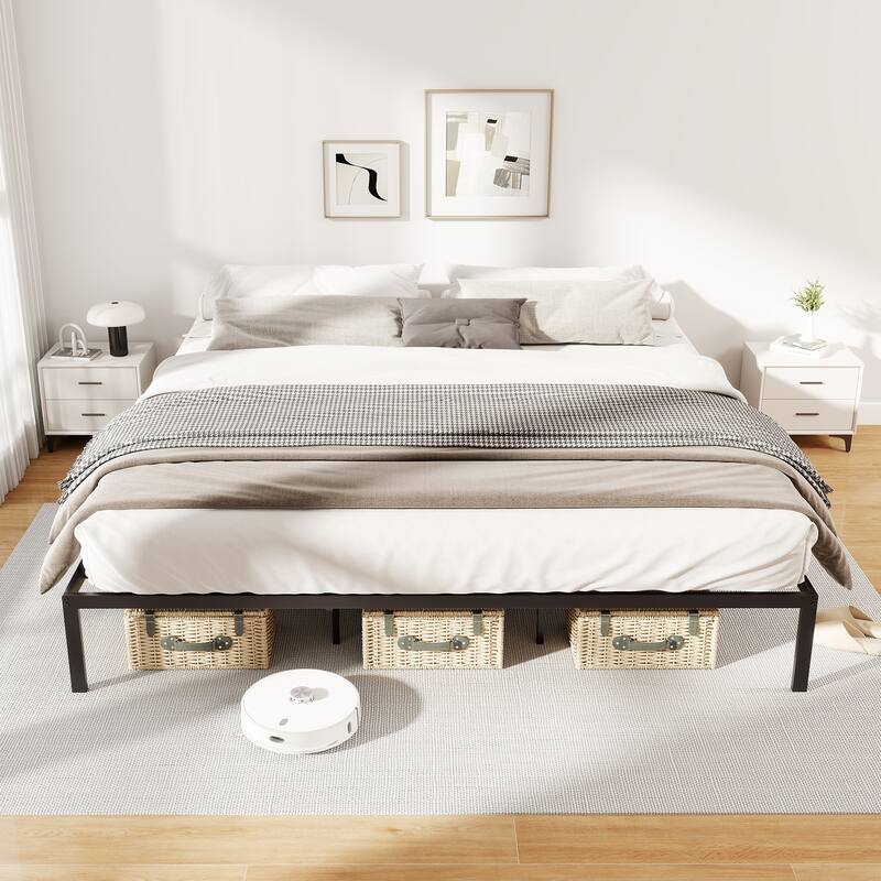 Black Metal Platform Bed Frame with Storage Space and Noise-Free Design