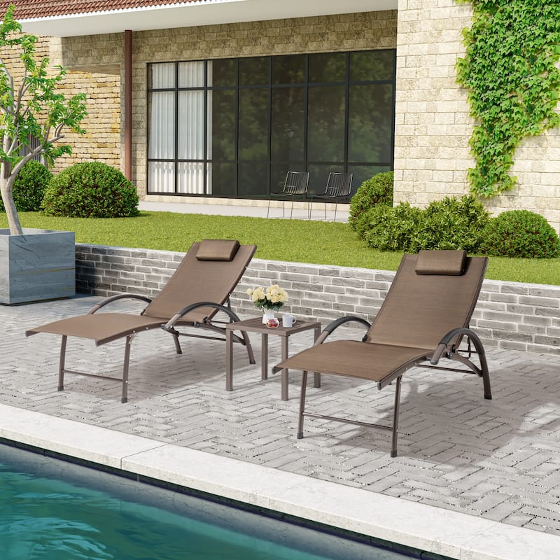3-piece Outdoor Adjustable Aluminum Reclining Chaise Lounge Chairs with Wheels and Side Table Set