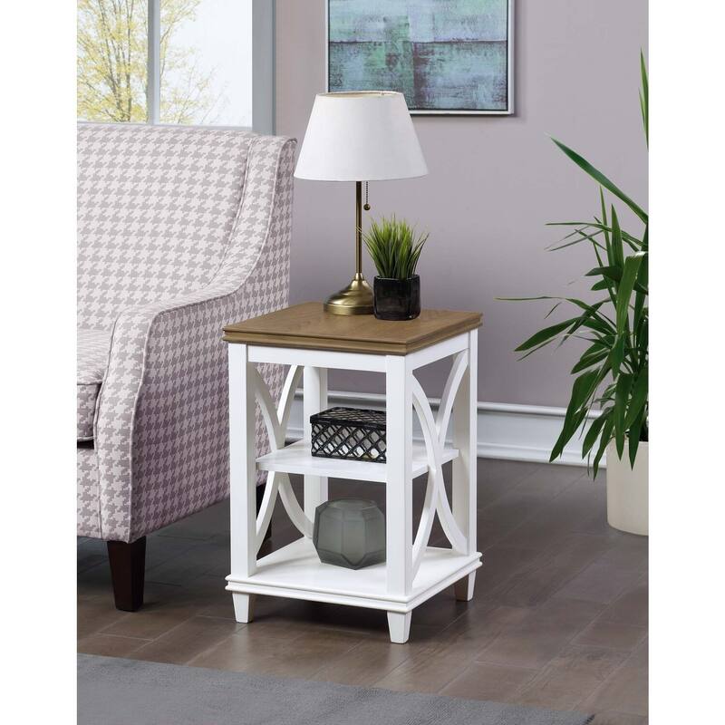 End Table with Shelves Italian Inspired X-Side Design Two-Tier Storage Solid Rubberwood with Oak Veneer Accent Table - 16