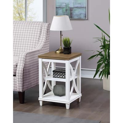 End Table with Shelves Italian Inspired X-Side Design Two-Tier Storage Solid Rubberwood with Oak Veneer Accent Table - 16