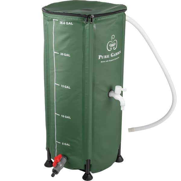 Rain Barrel - Collapsible Water Container for Catching Rainwater - Portable Water Tank with Outflow Valve by Pure Garden (Green) - 100-Liter