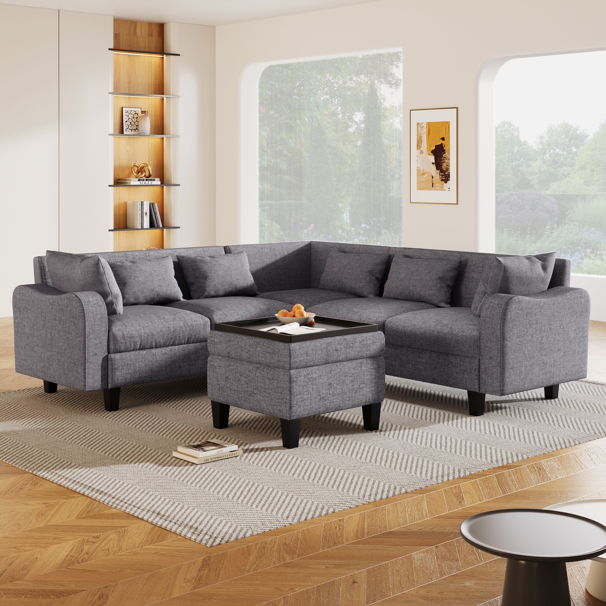 Linen Sectional Sofa 6 Seat Recliner Couch with Curved Arms and Coffee Table Ottoman Corner Loveseat Sofa for Living Room Gray Bed Bath Beyond 40911155