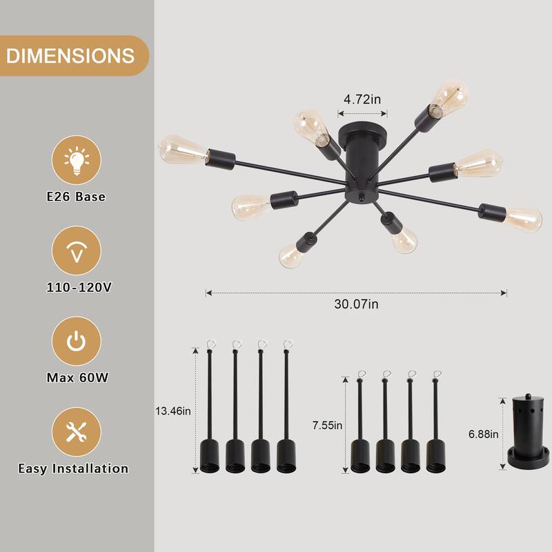 8-Light Modern Semi Flush Mount Sputnik Ceiling Light for Kitchen Bedroom Dining Room