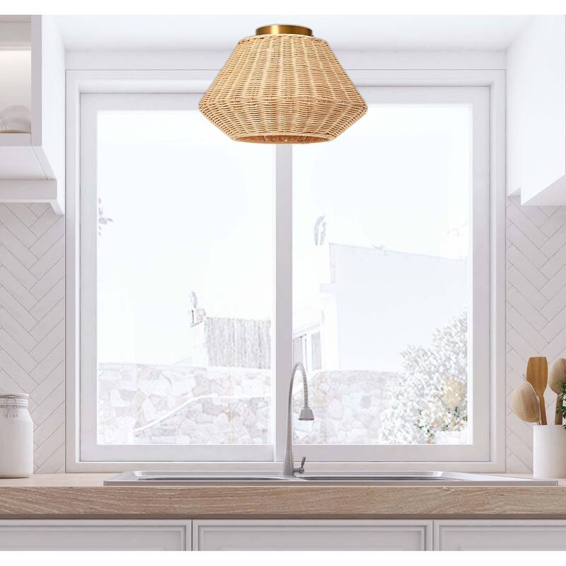 Rattan Shade Ceiling Lamp - 13.8"L x 13.8"W x 8.9"H