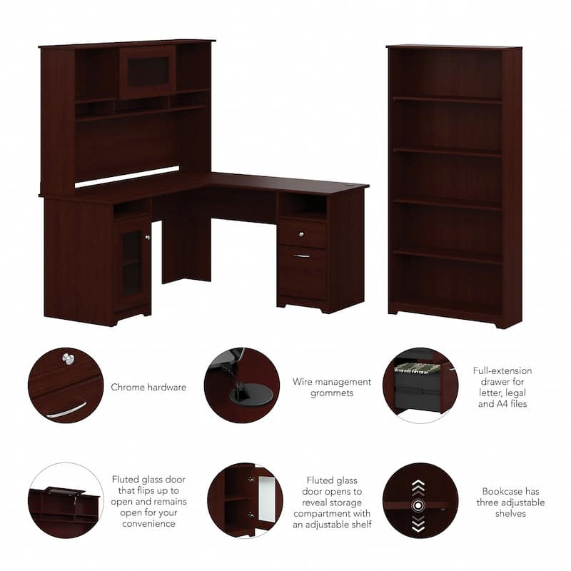 Cabot 60W L-Desk with Hutch and 5 Shelf Bookcase by Bush Furniture